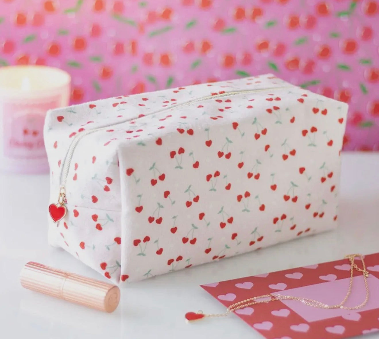 Heart Cherry Print Make up bag