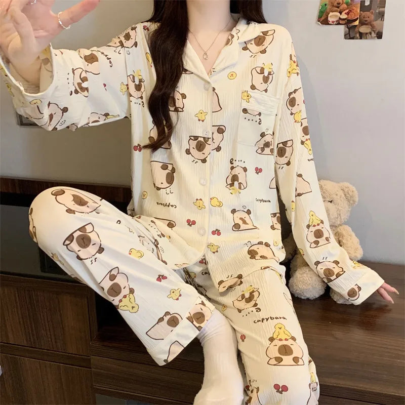 Spring Edition Pleated Fabric Sleepwear Long Sleeve Home Clothes Set For Women Sweet Cute Style Casual Breathable Polyester Milk Silk