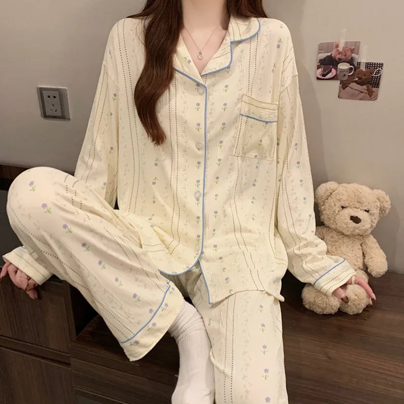 Spring Edition Pleated Fabric Sleepwear Long Sleeve Home Clothes Set For Women Sweet Cute Style Casual Breathable Polyester Milk Silk
