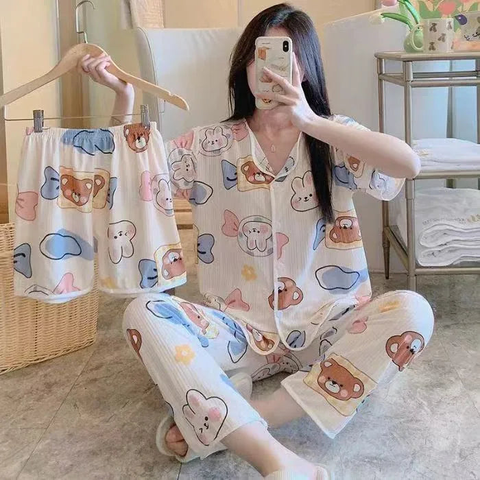 Spring Autumn Women's Sleepwear Short Sleeve Loose Home Clothes Cute Girl's Pajamas Set Casual Breathable Polyester Silk