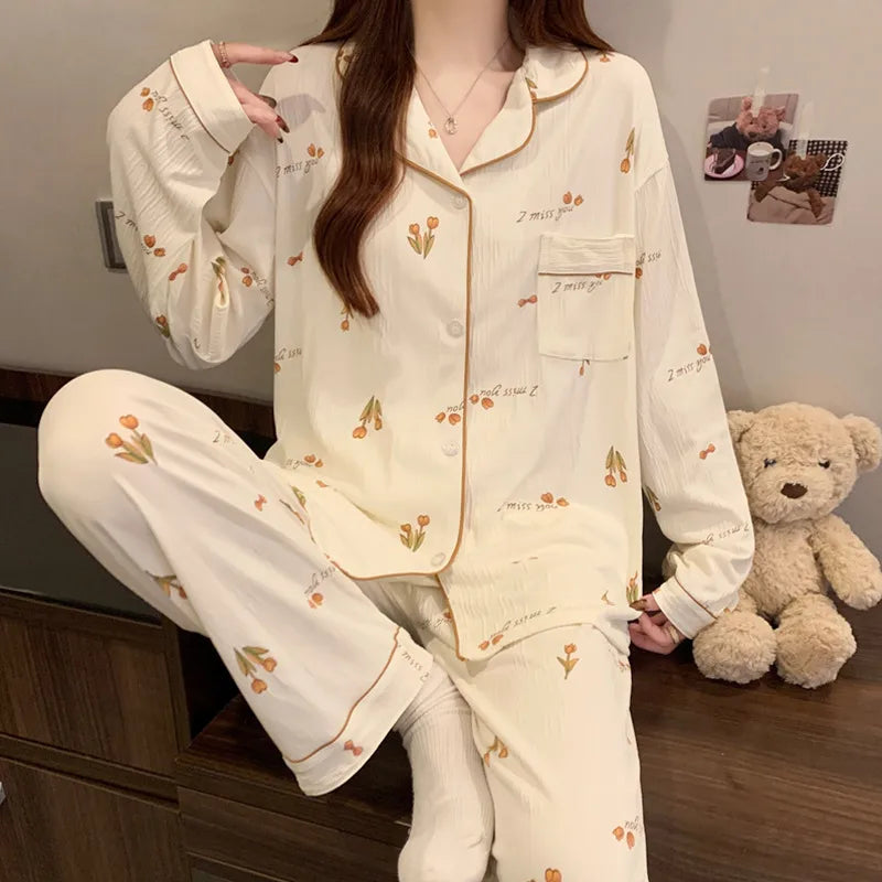 Spring Edition Pleated Fabric Sleepwear Long Sleeve Home Clothes Set For Women Sweet Cute Style Casual Breathable Polyester Milk Silk