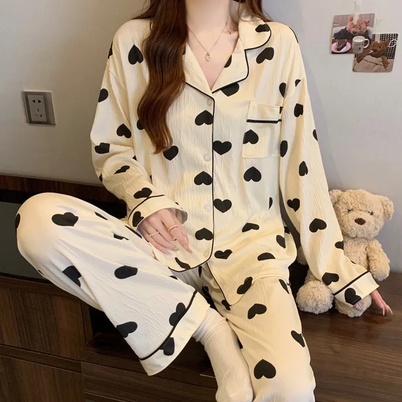 Spring Edition Pleated Fabric Sleepwear Long Sleeve Home Clothes Set For Women Sweet Cute Style Casual Breathable Polyester Milk Silk