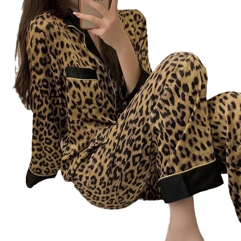 Spring Autumn Women's Long Sleeve Thin Casual Comfortable Home Clothes Set Polyester Milk Silk Medium Weight Sleepwear