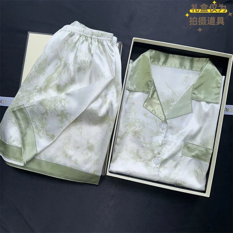 New Women's Silk Sleepwear Summer Simple Luxury Texture Sweet INS Home Clothes Set Pajamas Breathable Casual Sleepwear
