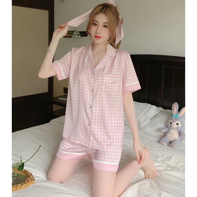 Elegant Ice Silk Sleepwear Women's Summer Butterfly Print Short Sleeve Home Clothes Set Can Be Worn Outside Breathable Casual