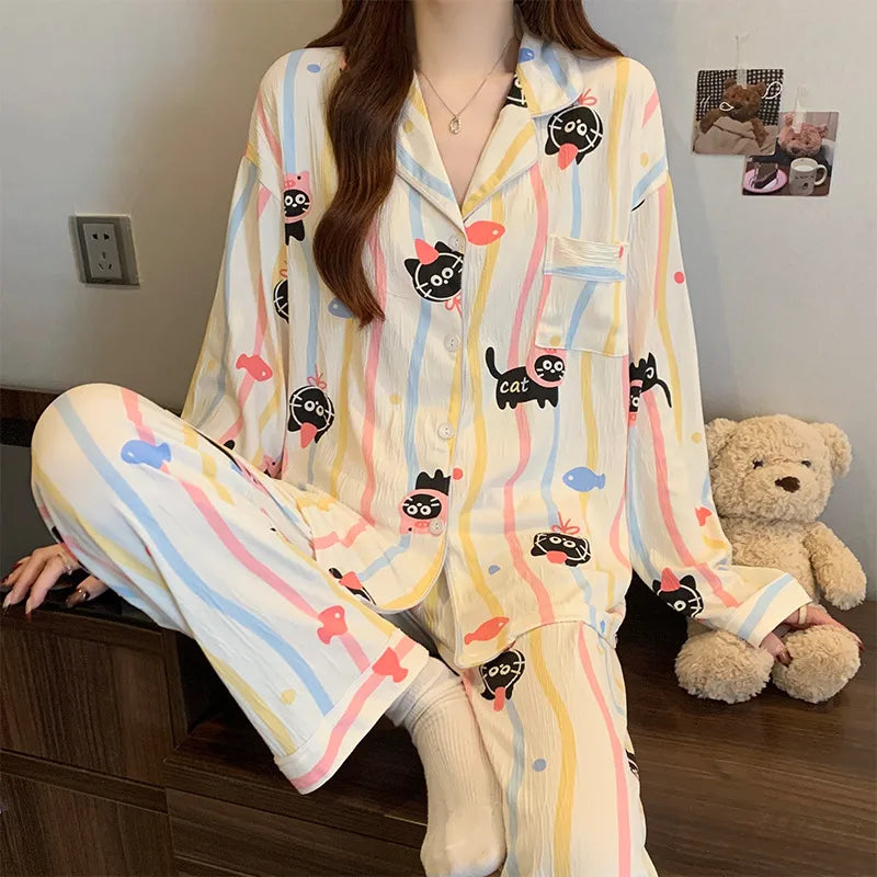Spring Edition Pleated Fabric Sleepwear Long Sleeve Home Clothes Set For Women Sweet Cute Style Casual Breathable Polyester Milk Silk