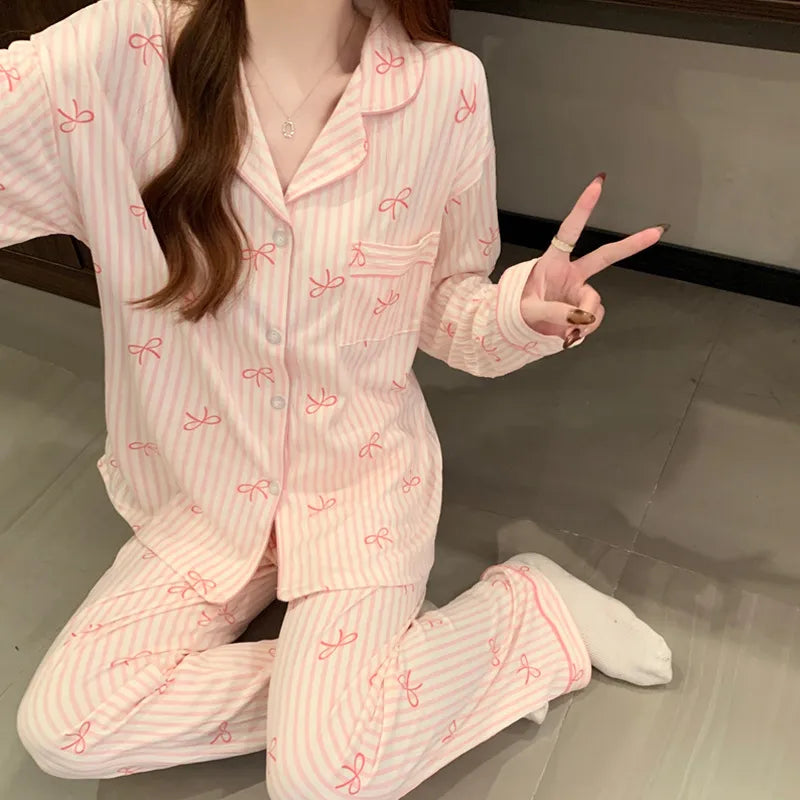 Spring Edition Pleated Fabric Sleepwear Long Sleeve Home Clothes Set For Women Sweet Cute Style Casual Breathable Polyester Milk Silk