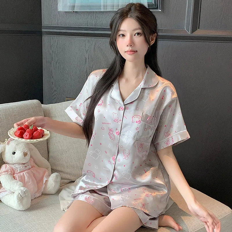Elegant Ice Silk Sleepwear Women's Summer Butterfly Print Short Sleeve Home Clothes Set Can Be Worn Outside Breathable Casual