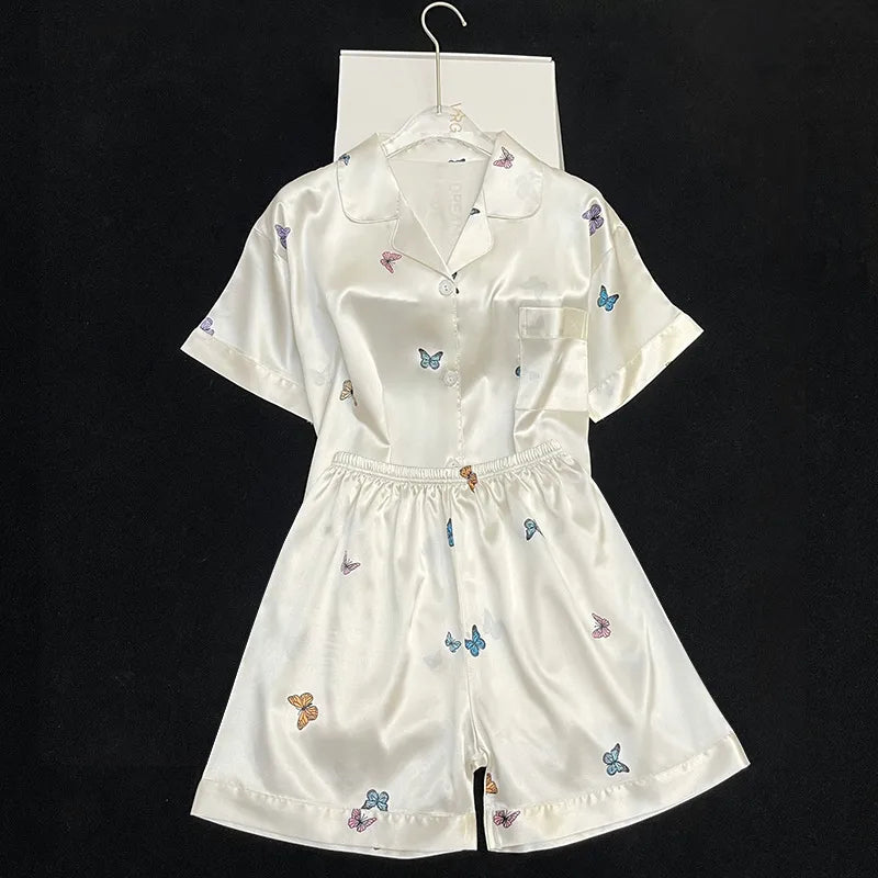 Elegant Ice Silk Sleepwear Women's Summer Butterfly Print Short Sleeve Home Clothes Set Can Be Worn Outside Breathable Casual