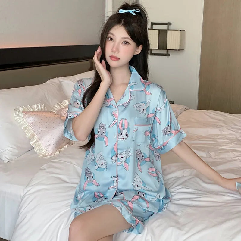 Elegant Ice Silk Sleepwear Women's Summer Butterfly Print Short Sleeve Home Clothes Set Can Be Worn Outside Breathable Casual