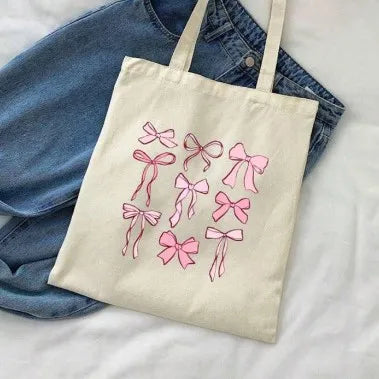 Student Cute Butterfly Knot Printed Canvas Bag Single Shoulder Foldable Shopping Handbag Ladies Tote Bag