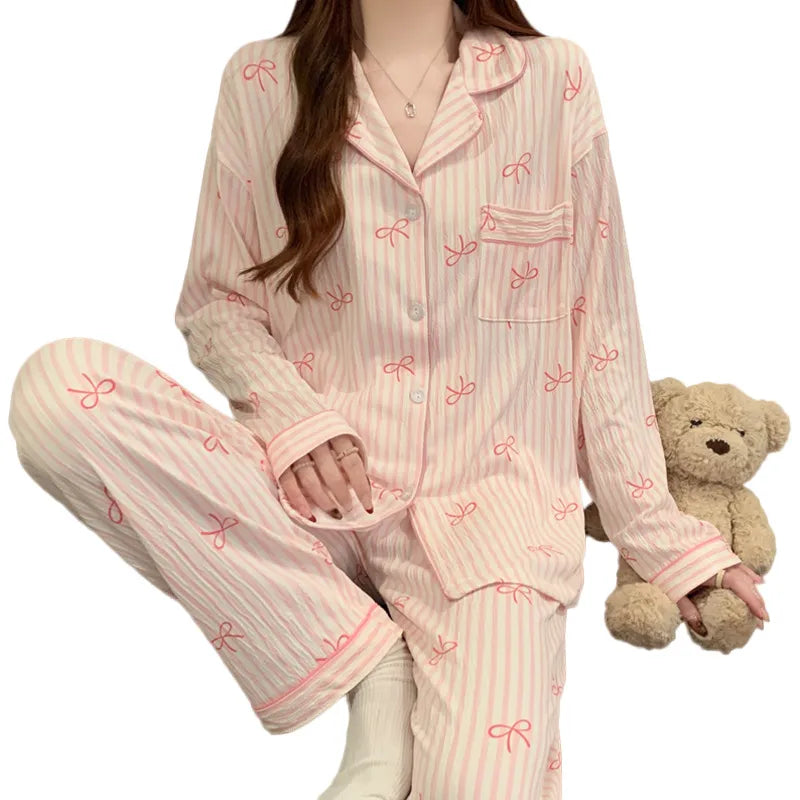 Spring Edition Pleated Fabric Sleepwear Long Sleeve Home Clothes Set For Women Sweet Cute Style Casual Breathable Polyester Milk Silk