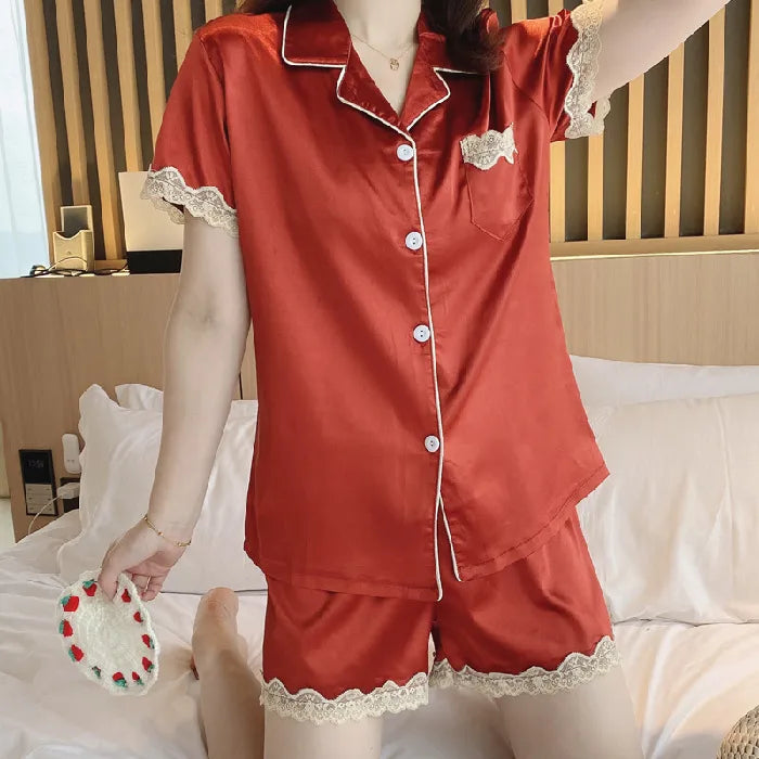 New Women's Silk Sleepwear Summer Simple Luxury Texture Sweet INS Home Clothes Set Pajamas Breathable Casual Sleepwear