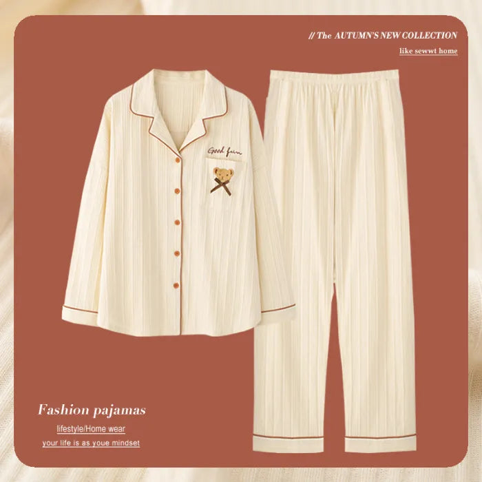 Spring Autumn Women's Long Sleeve Thin Casual Comfortable Home Clothes Set Polyester Milk Silk Medium Weight Sleepwear