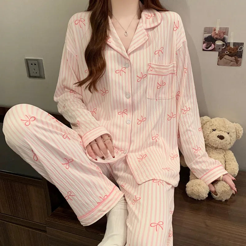 Spring Edition Pleated Fabric Sleepwear Long Sleeve Home Clothes Set For Women Sweet Cute Style Casual Breathable Polyester Milk Silk