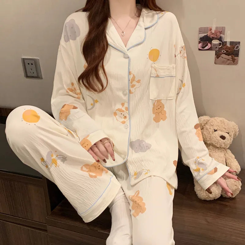 Spring Edition Pleated Fabric Sleepwear Long Sleeve Home Clothes Set For Women Sweet Cute Style Casual Breathable Polyester Milk Silk