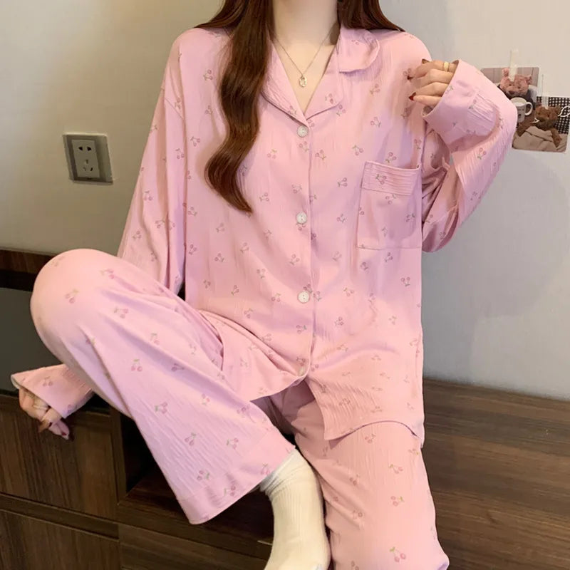 Spring Edition Pleated Fabric Sleepwear Long Sleeve Home Clothes Set For Women Sweet Cute Style Casual Breathable Polyester Milk Silk