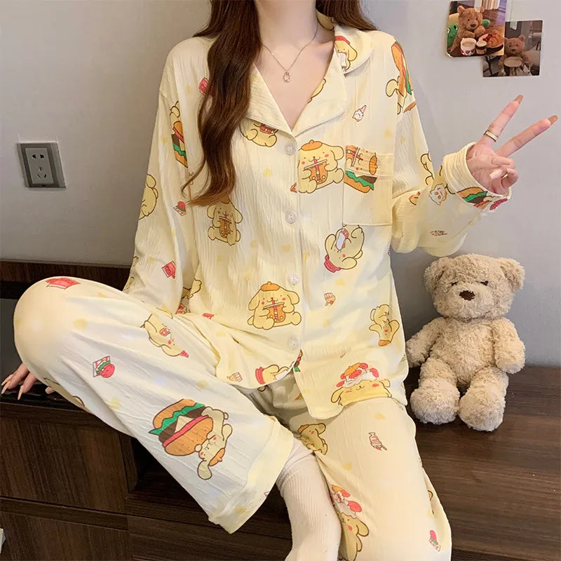 Spring Edition Pleated Fabric Sleepwear Long Sleeve Home Clothes Set For Women Sweet Cute Style Casual Breathable Polyester Milk Silk