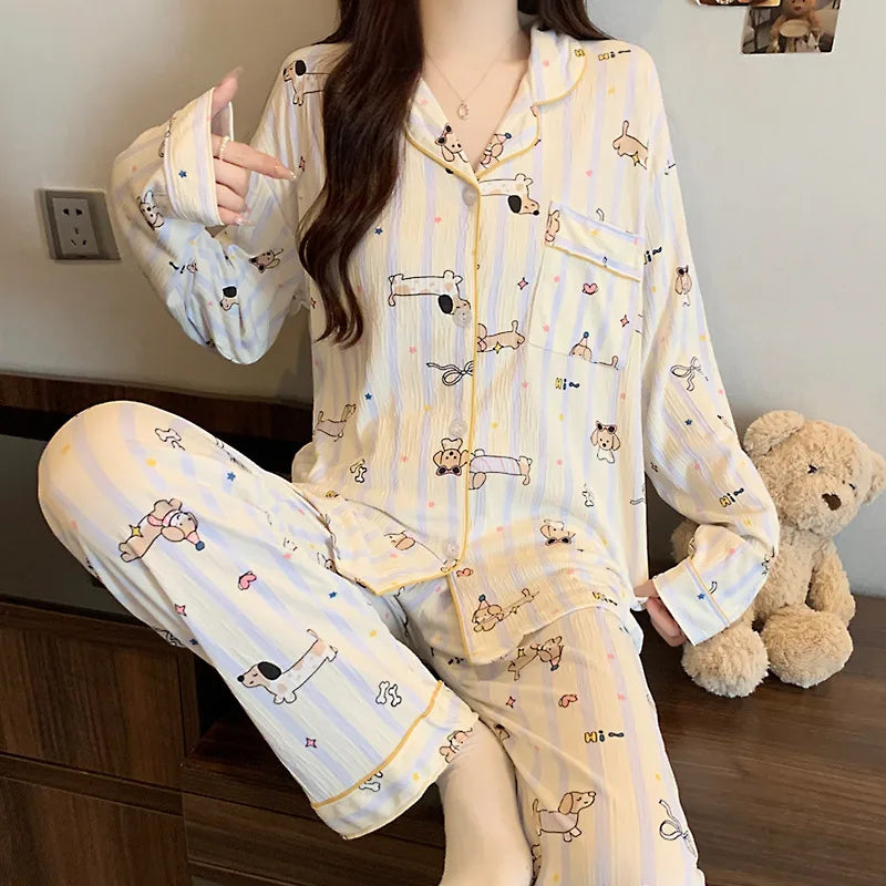 Spring Edition Pleated Fabric Sleepwear Long Sleeve Home Clothes Set For Women Sweet Cute Style Casual Breathable Polyester Milk Silk