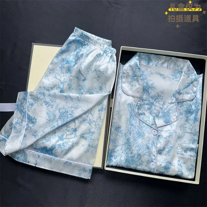 New Women's Silk Sleepwear Summer Simple Luxury Texture Sweet INS Home Clothes Set Pajamas Breathable Casual Sleepwear