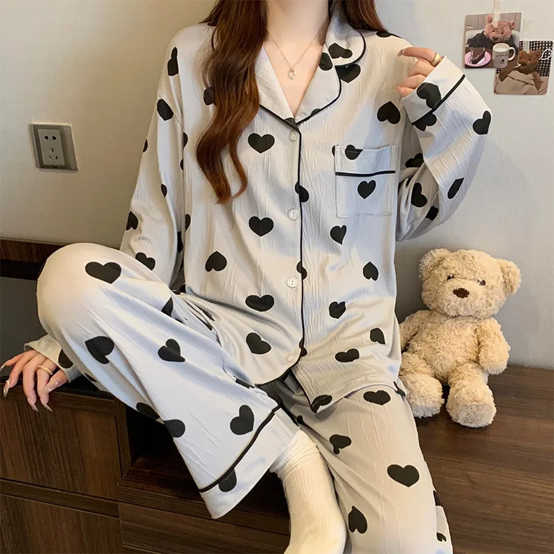 Spring Edition Pleated Fabric Sleepwear Long Sleeve Home Clothes Set For Women Sweet Cute Style Casual Breathable Polyester Milk Silk