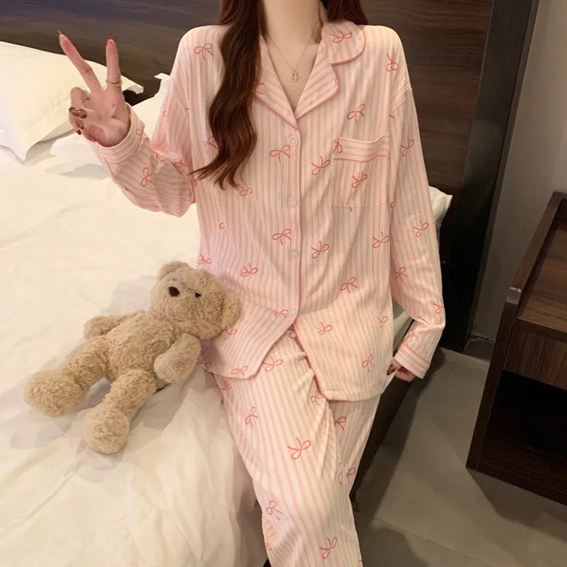 Spring Edition Pleated Fabric Sleepwear Long Sleeve Home Clothes Set For Women Sweet Cute Style Casual Breathable Polyester Milk Silk