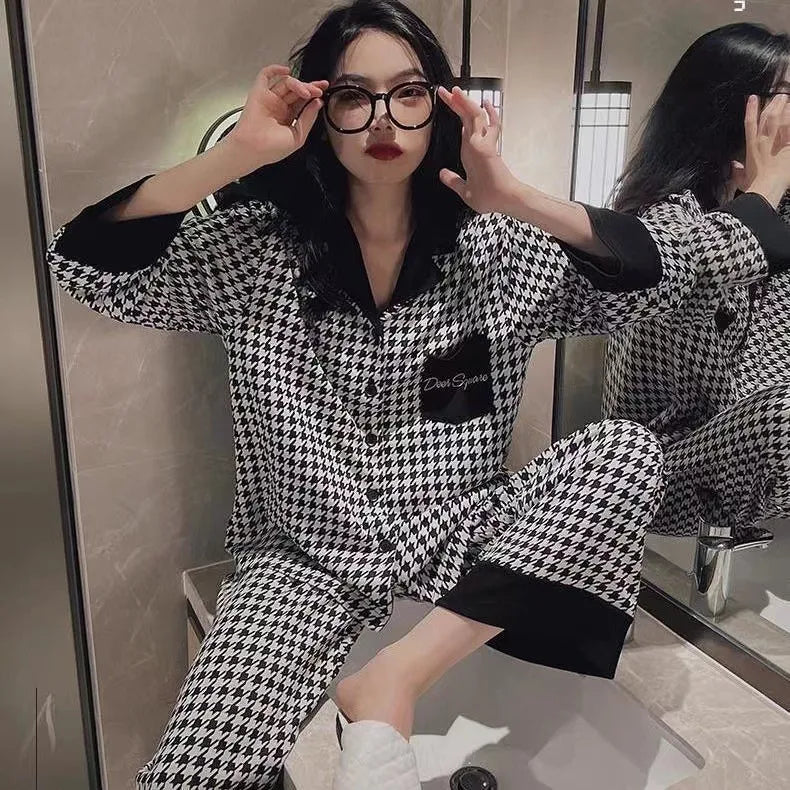 Spring Autumn Women's Long Sleeve Thin Casual Comfortable Home Clothes Set Polyester Milk Silk Medium Weight Sleepwear