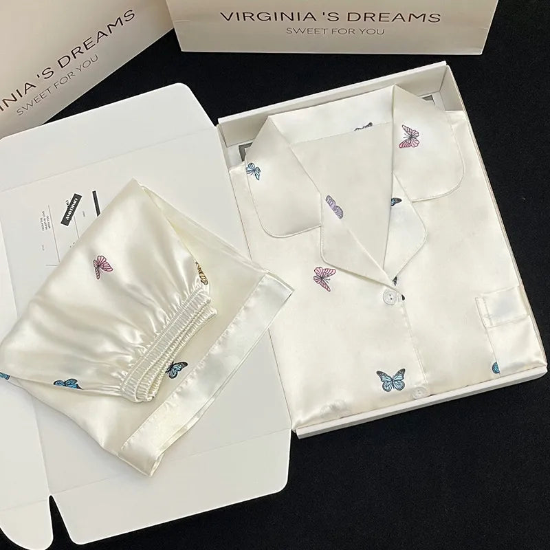 Elegant Ice Silk Sleepwear Women's Summer Butterfly Print Short Sleeve Home Clothes Set Can Be Worn Outside Breathable Casual