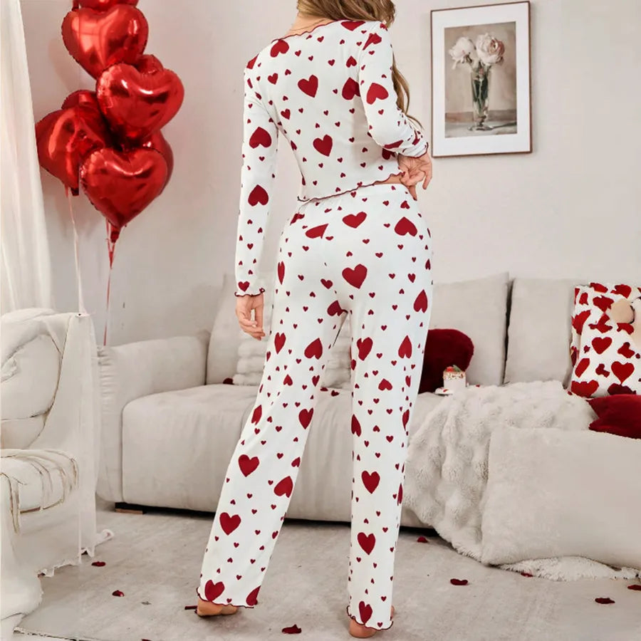 Ladies Spring Autumn Love Heart Print Home Clothes Set V Neck Long Sleeve Polyester Sleepwear Two Piece Cute Bedroom Costume