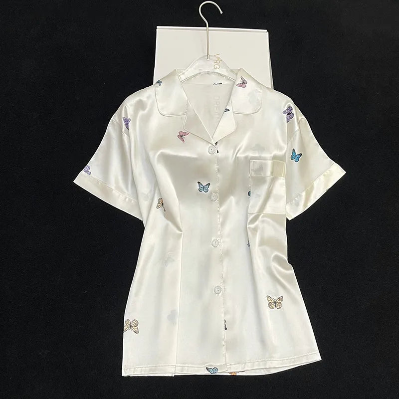 Elegant Ice Silk Sleepwear Women's Summer Butterfly Print Short Sleeve Home Clothes Set Can Be Worn Outside Breathable Casual