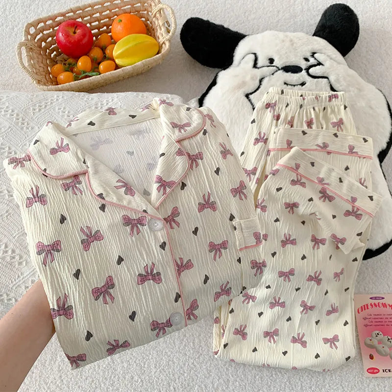 Sweet Girl's Long Sleeve Home Clothes Set Spring Autumn New Style Heart Butterfly Knot Pleated Cloth Sleepwear Women's Fashion
