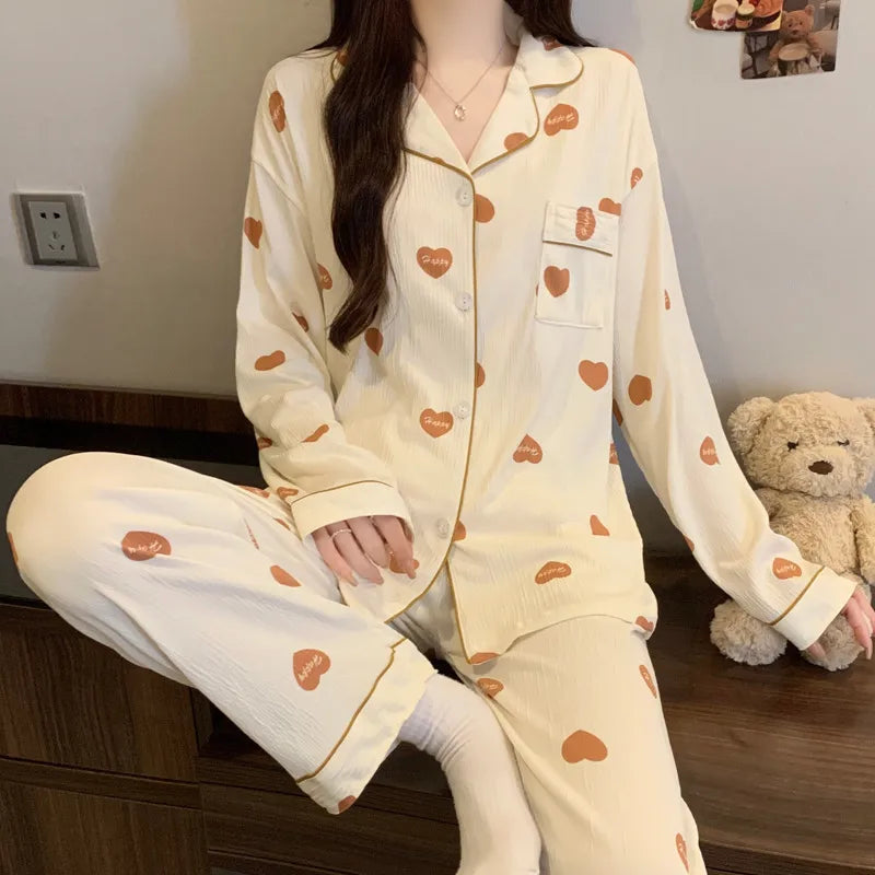 Spring Edition Pleated Fabric Sleepwear Long Sleeve Home Clothes Set For Women Sweet Cute Style Casual Breathable Polyester Milk Silk
