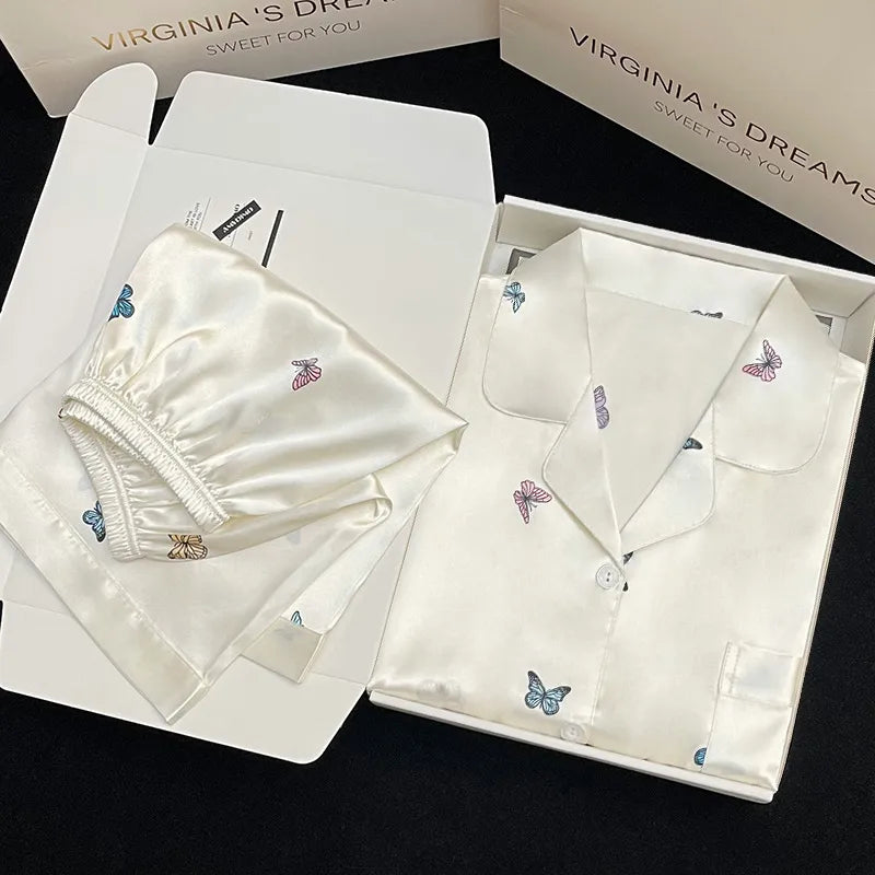 Elegant Ice Silk Sleepwear Women's Summer Butterfly Print Short Sleeve Home Clothes Set Can Be Worn Outside Breathable Casual