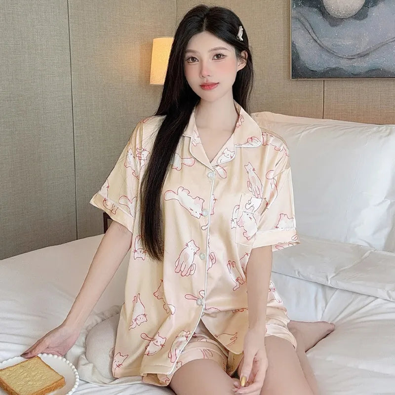 Elegant Ice Silk Sleepwear Women's Summer Butterfly Print Short Sleeve Home Clothes Set Can Be Worn Outside Breathable Casual