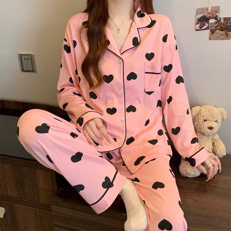 Spring Edition Pleated Fabric Sleepwear Long Sleeve Home Clothes Set For Women Sweet Cute Style Casual Breathable Polyester Milk Silk