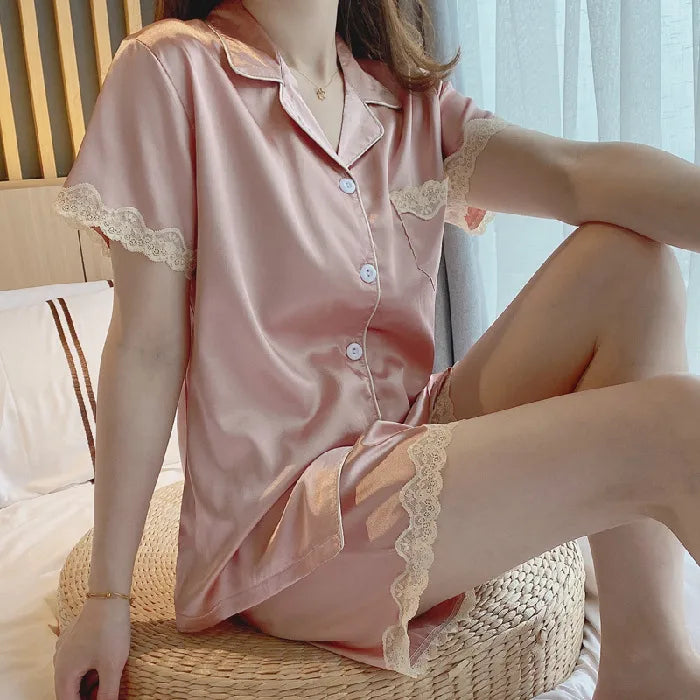 New Women's Silk Sleepwear Summer Simple Luxury Texture Sweet INS Home Clothes Set Pajamas Breathable Casual Sleepwear