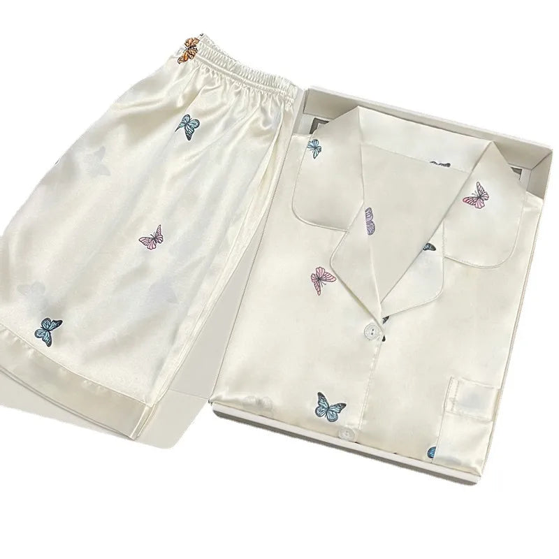 Elegant Ice Silk Sleepwear Women's Summer Butterfly Print Short Sleeve Home Clothes Set Can Be Worn Outside Breathable Casual